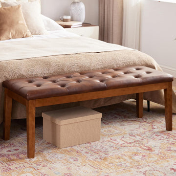 Ottoman Bench Oversized Entryway Shoe Bench Seat Faux Leather Brown | Large Long Rectangle Dining Bench with