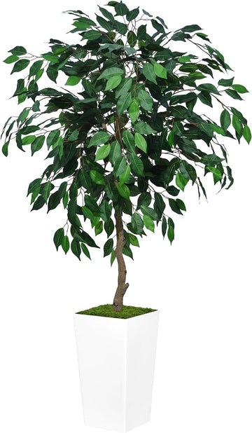 Artificial Ficus Tree 5FT - Faux Indoor Tree with White Tall Planter - Fake Ficus Floor Plant Potted - Artificial