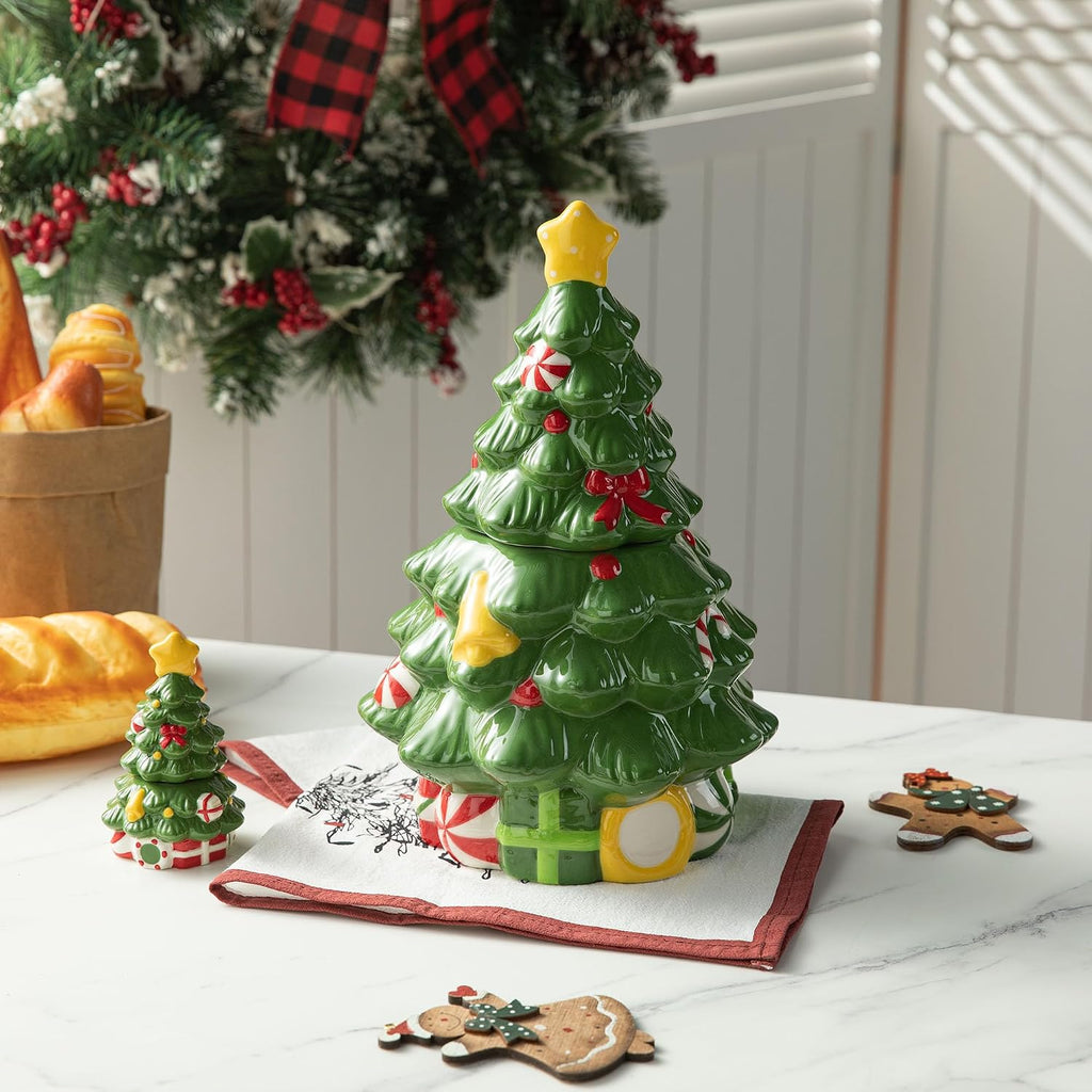Dolomite Ceramic Cookie Jars, Christmas Tree Ceramic Cookie & Candy Jars with Airtight Lids, Used to Kitchen - Set of 2