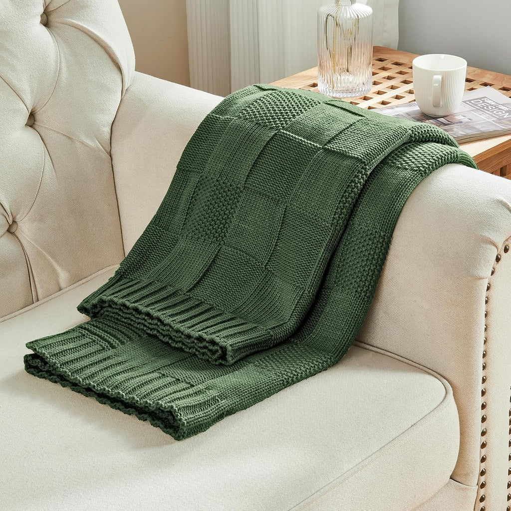 Christmas Green Knitted Checkered Throw Blanket 50"X60"