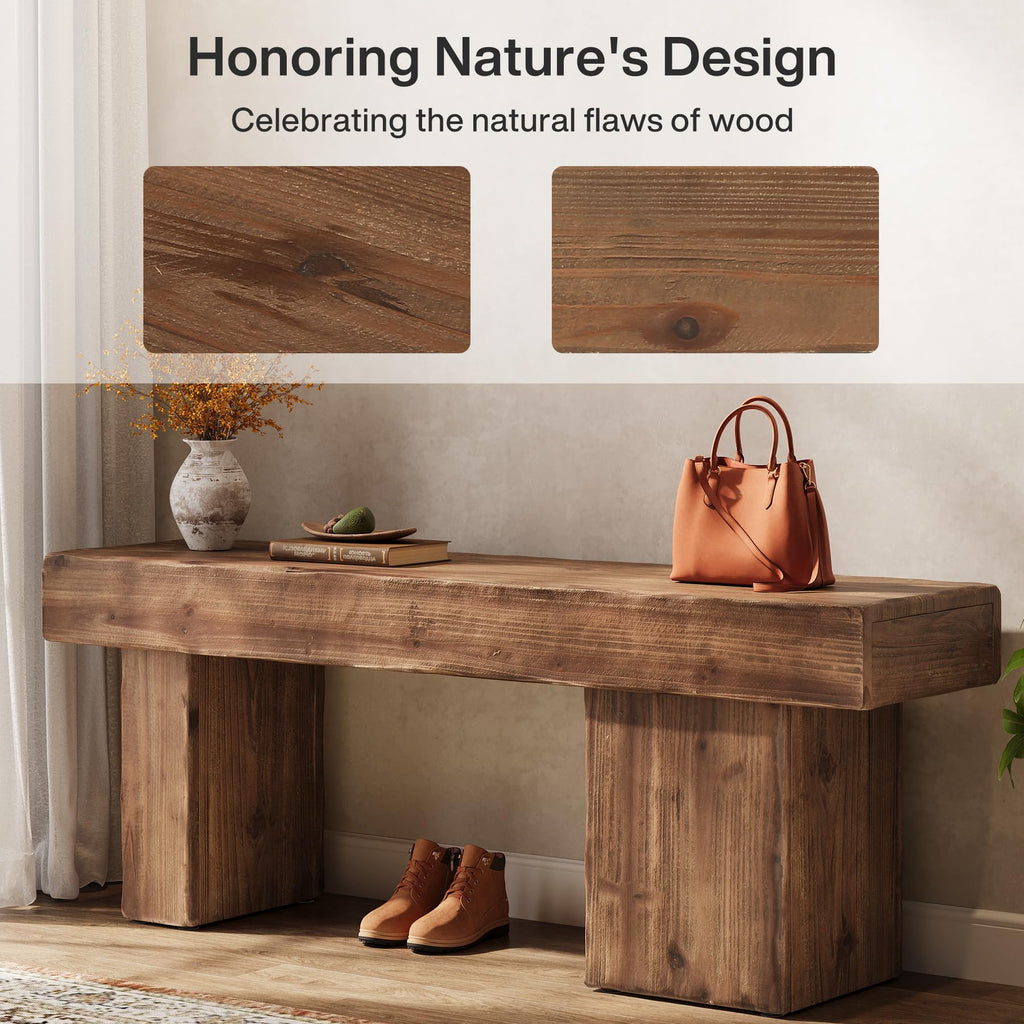 Thickened Solid Wood Bench, 47" Rustic Farmhouse Entryway Bench with Artistic Legs, Heavy Duty Dining Bench, End of