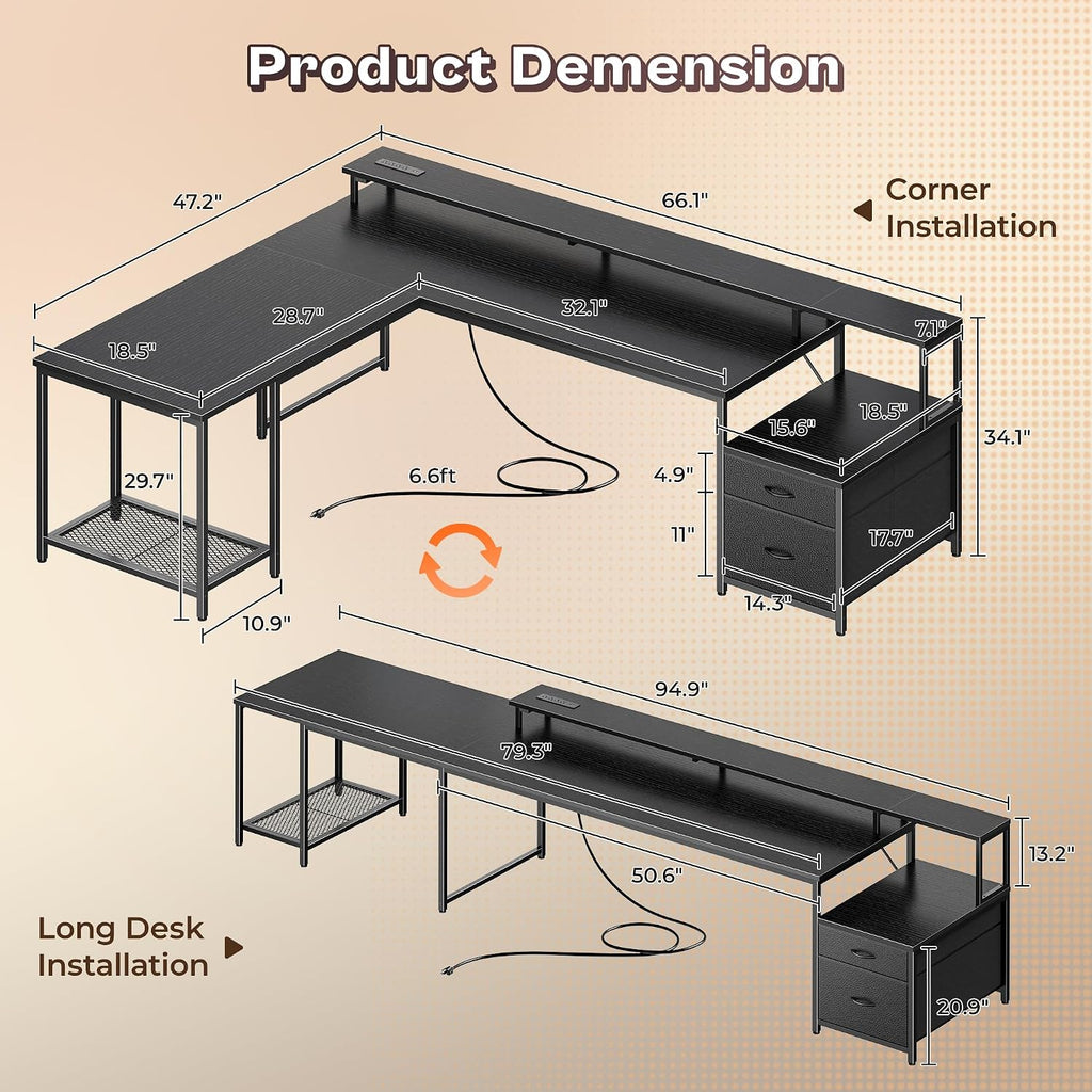 66" L Shaped Gaming Desk with LED Lights & Power Outlets | Computer Desk with Fabric Drawers and Print Stand, Corner