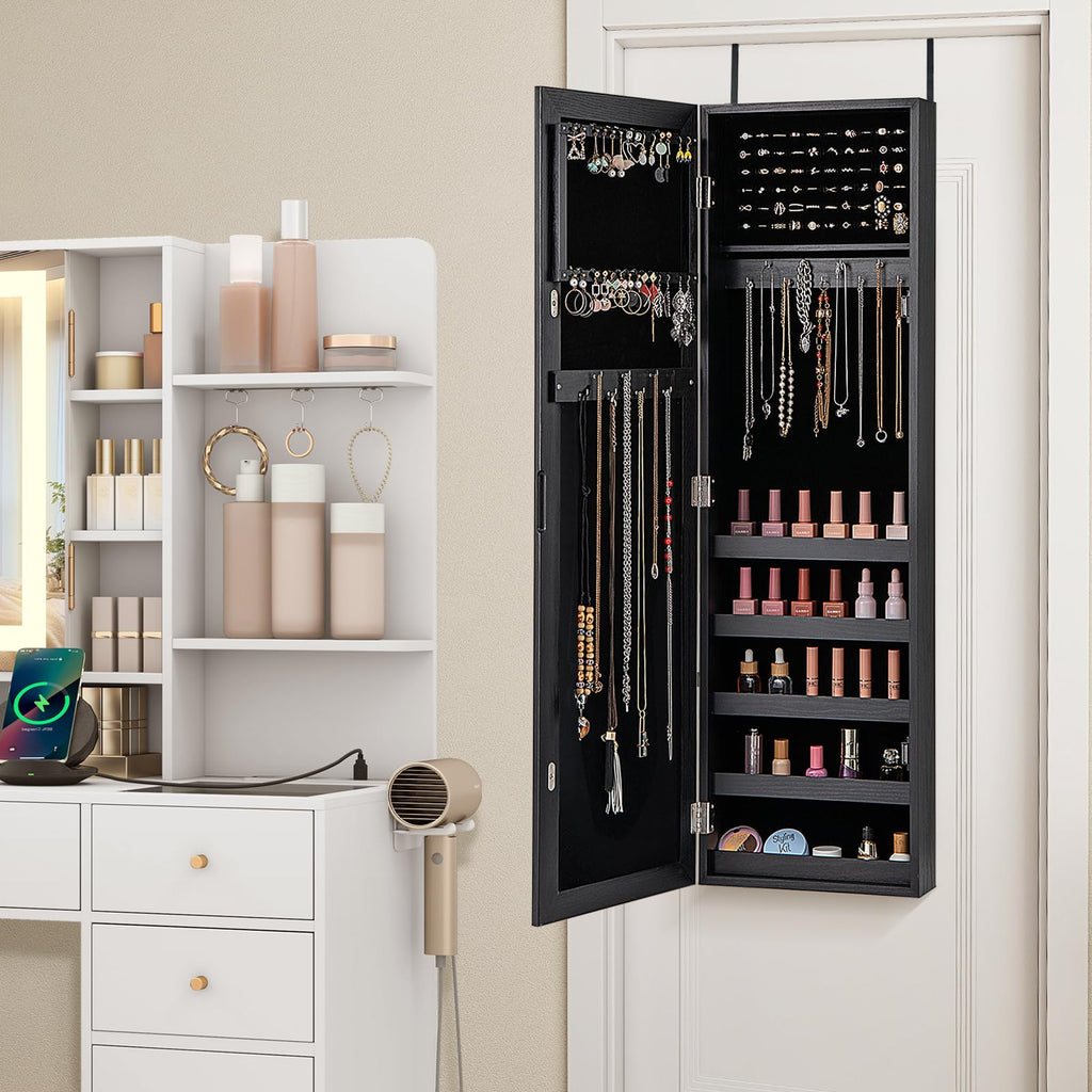 42" Jewelry Armoire, Wall/Door Mounted Hanging Jewelry Cabinet (Black)