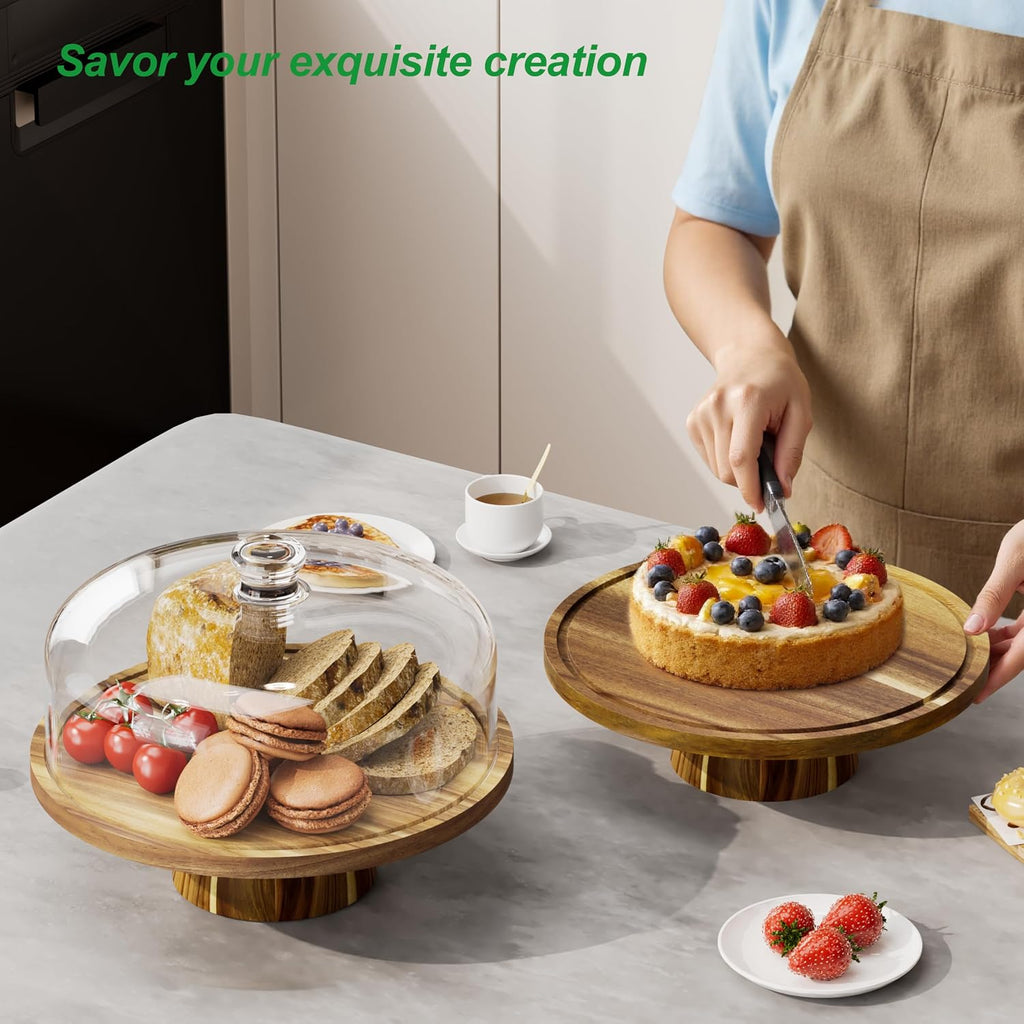 12 Inch Acacia Wood Cake Stand with Lid, 2-in-1 Wooden Cake Plate with Dome & Charcuterie Board, Round Cake Holder