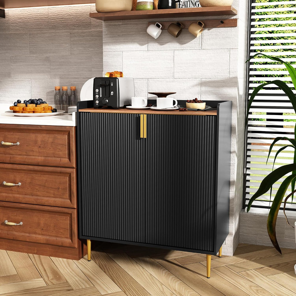 Modern Coffee Bar Cabinet with Fluted Texture, Black | Sideboard Buffet Cabinet with Wine Rack&Drawers, Liquor