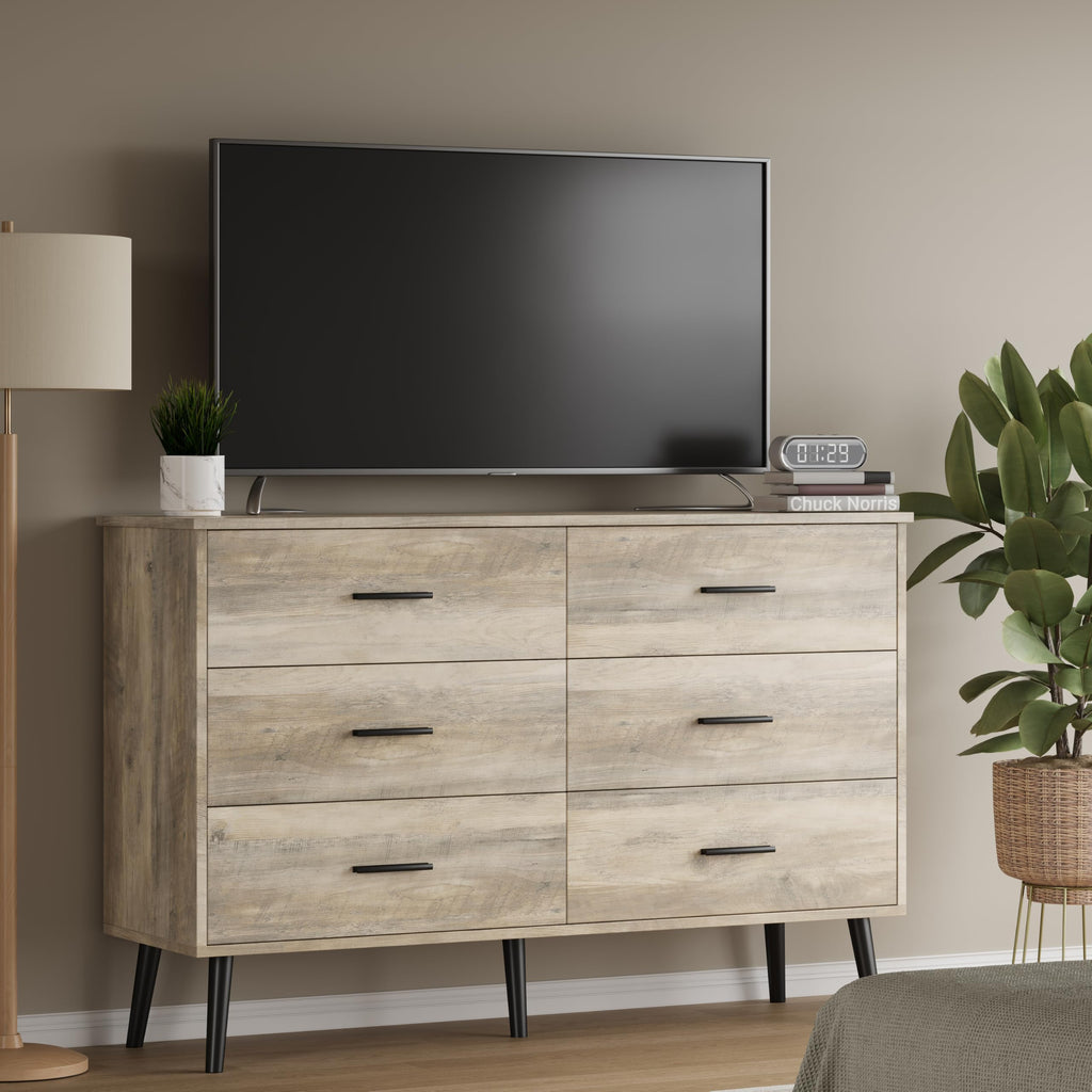 Grey Dresser, Dressers & Chests of Drawers for Clothes Storage, Wood Dresser for Closet with 6 Drawers, Wide Long