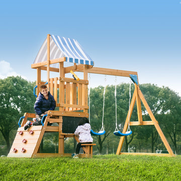 Wooden Swing Set for Backyard, All-in-One Kids Playset, Ages 3-10