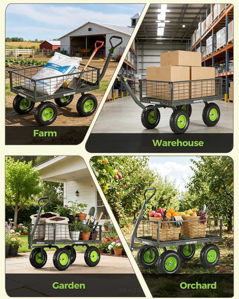 Large Heavy Duty Garden Cart 770 lb, 2-in-1 Convertible Utility Wagon with Removable Sides, 180° Tow Handle for ATV