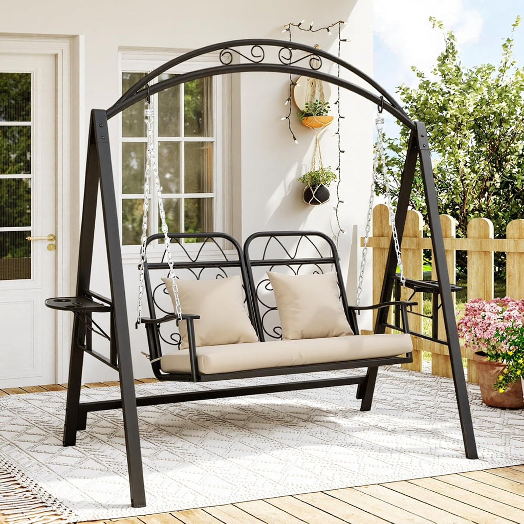 Porch Swing with Stand, 2-Person Metal Patio Swing with Cup Holder | Heavy-Duty Outdoor Swings Chair for adults with