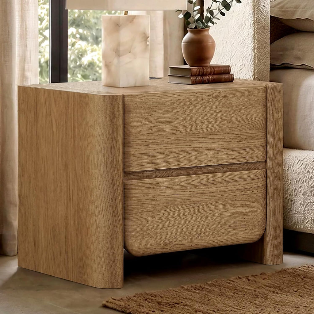 26" Nightstand with Charging Station, Large Bedside Table with 2 Handleless Storage Drawers,2.4" Thick Panel Legs &