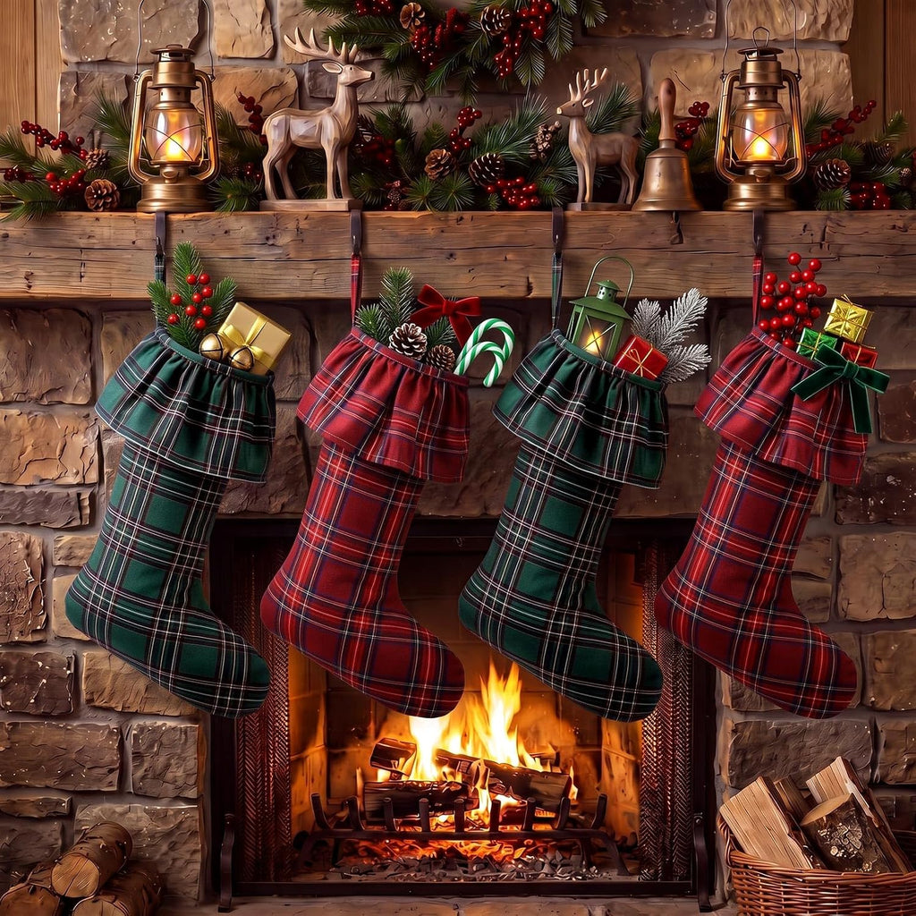 Large Christmas Red Green Tartan Plaid Stockings Decor Gift - Set of 4