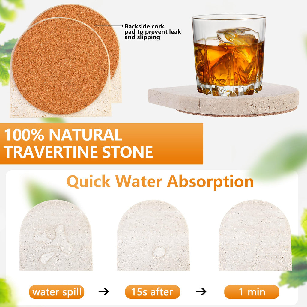 4Pcs Travertine Coasters with Nature Limestone Material and Gold Metal Holder, 4"Diameter Toast Arch Shape Bar
