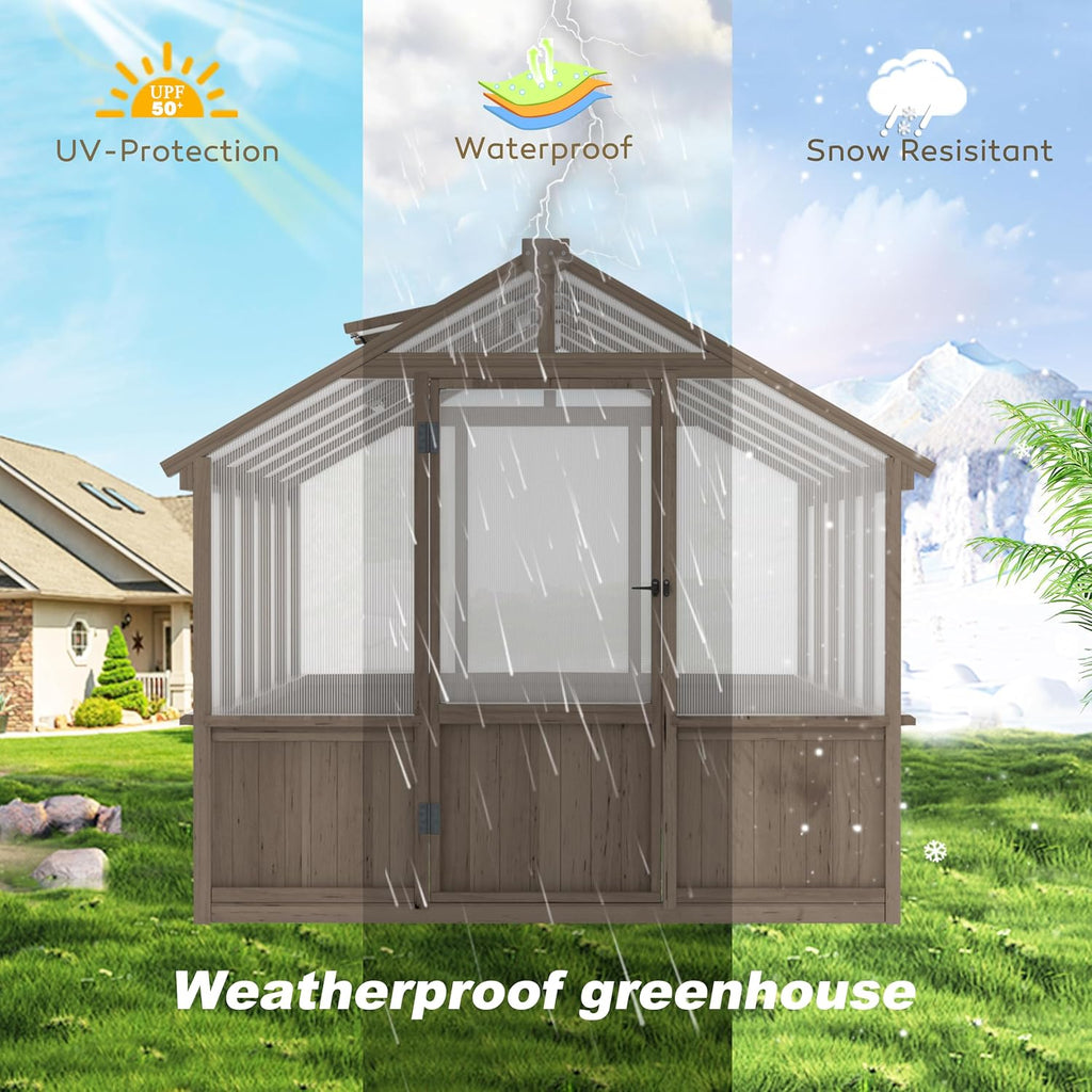 8x10FT Greenhouses for Outdoors, Walk-in Wooden Greenhouse with Cedar Frame & Adjustable Vent, Garden Green House