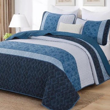 Navy Blue Quilt Set, Striped Plaid Bedspread Coverlet Set