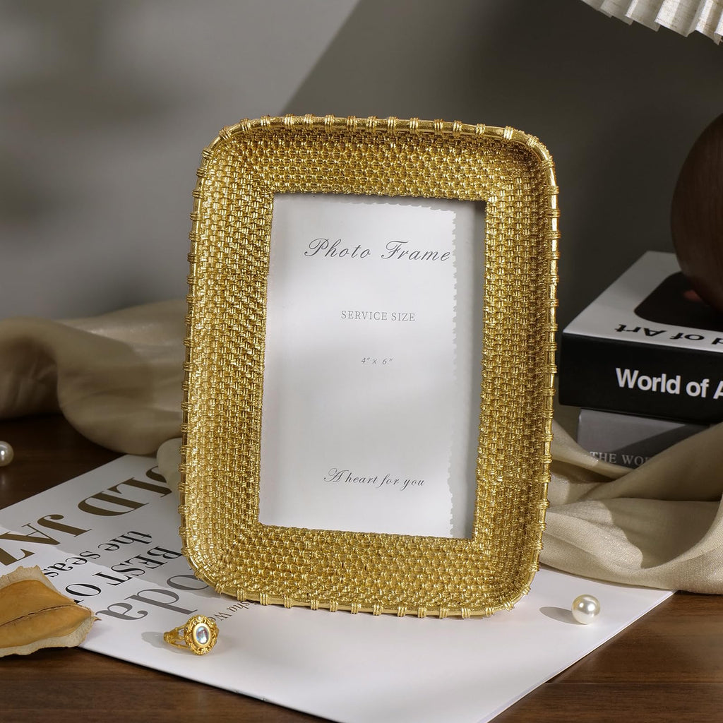 4x6 Gold Picture Frame, Vintage Rattan Textured Resin Photo Frame