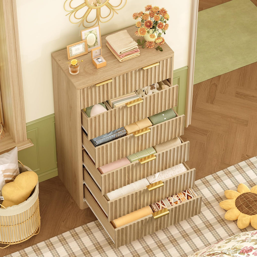 Fluted with 7 Drawers, 48" Tall Modern Chest of Drawers with Metal Handle, Wooden TV Stand, Wood Closet Clothes