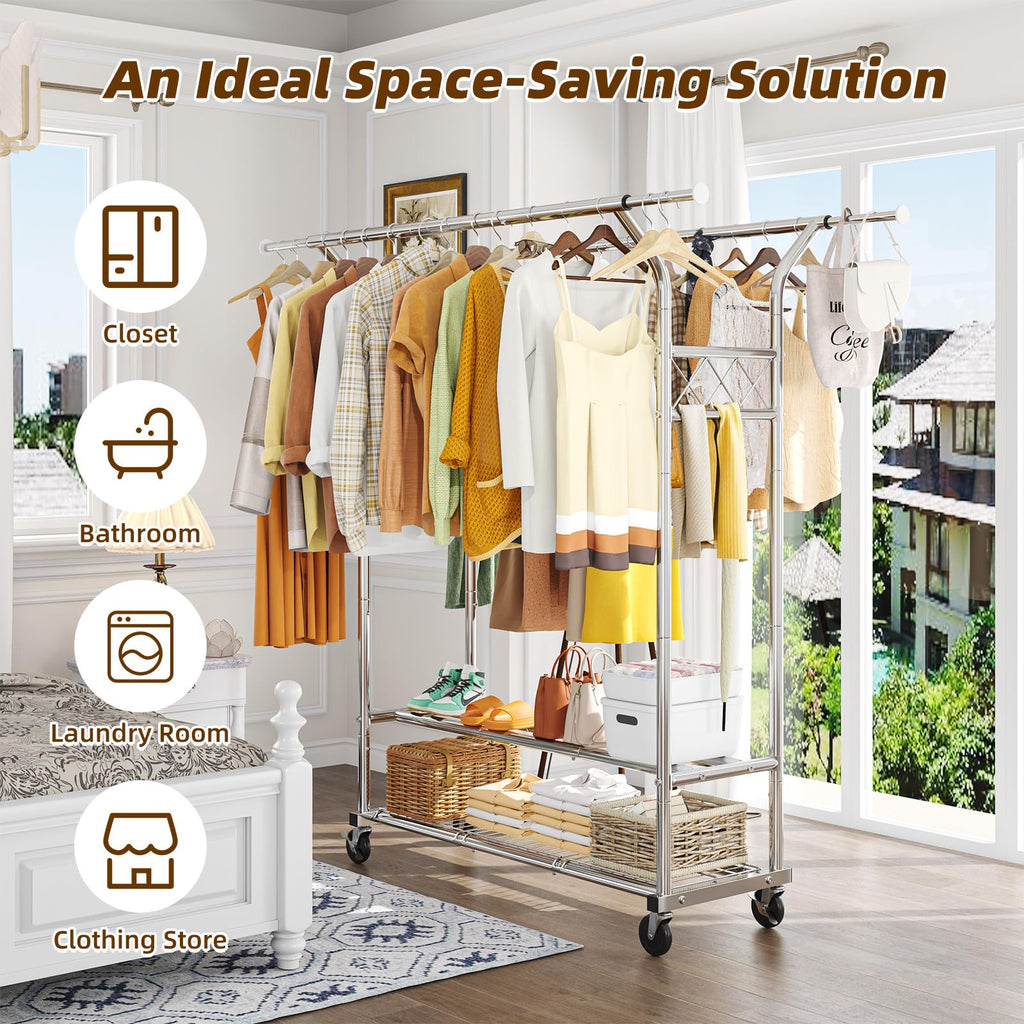 Trending Heavy Duty Clothing Clothes Rack for Hanging, Rolling Double Rod Garment Rack Organizer with Wheels Load 620