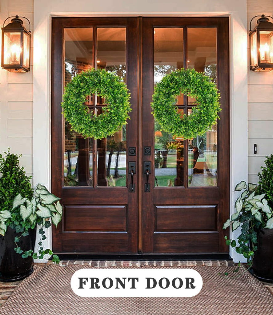 18in Boxwood Wreaths for Front Door, Artificial Preserved UV Resistant Green All Seasons Winter Spring Summer Door