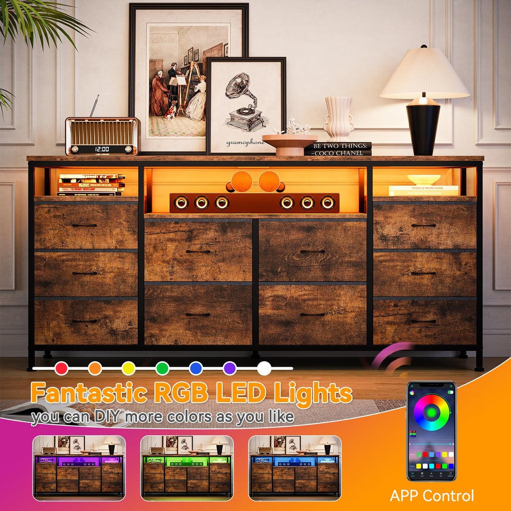 63.3 in Dresser, 10 Drawer Dresser TV Stand for 65 70 75 in TV, Fabric Chest of Drawers with LED Lights & Power