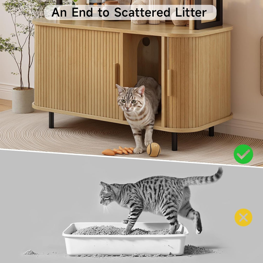 54 Inch Hidden Litter Box Furniture with Shelves and Outlets, Oak