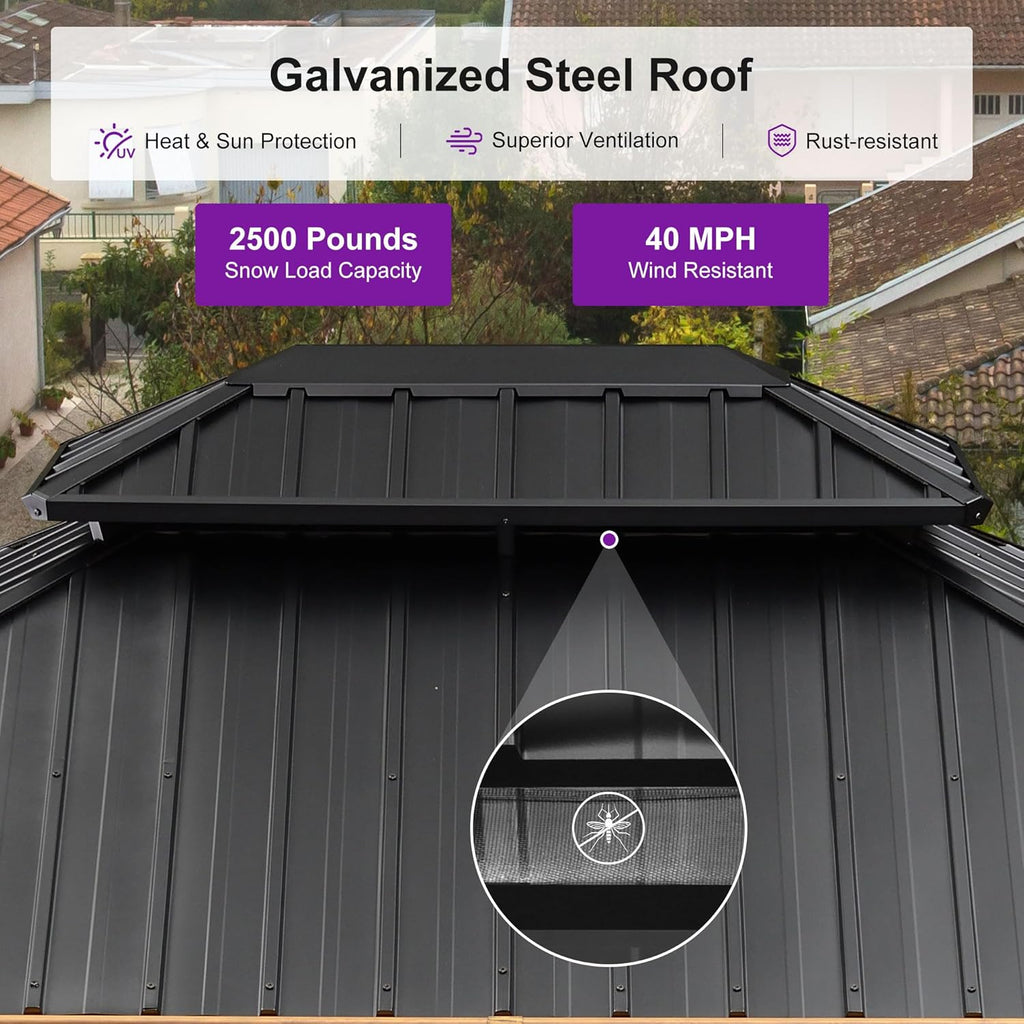 10' X 12' Outdoor Hardtop Gazebo Galvanized Steel Double Roof Permanent Canopy Teak Finish Coated Aluminum Frame