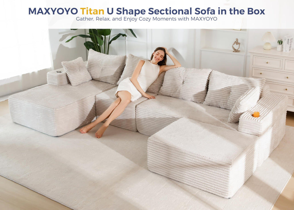 Boneless Couch, 132" U-Shaped Modular Sofa, Left-Facing Chaise