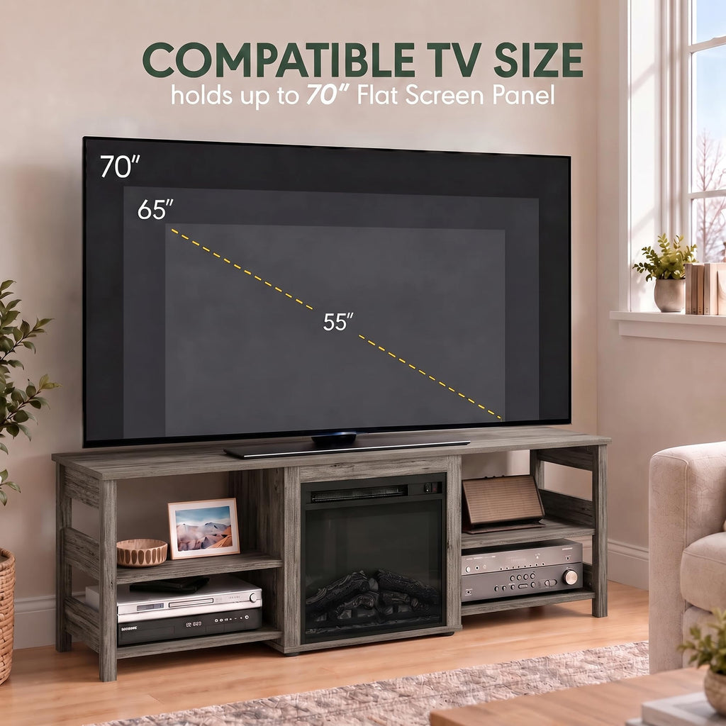 Fireplace 3-Tier TV Stand for TV up to 70 Inch, Rustic Oak