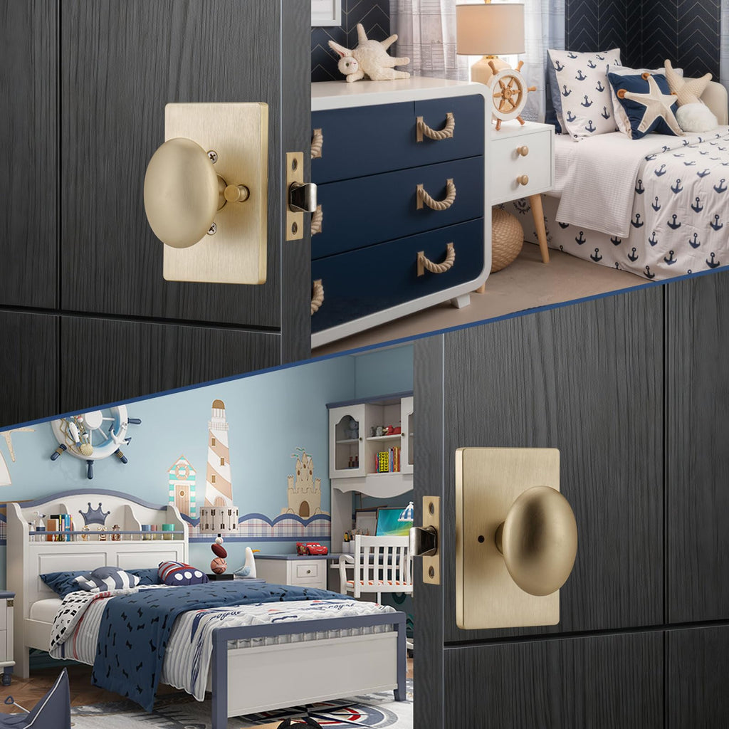 Brushed Gold Door Knobs Interior with Push Lock, Egg Knob Bathroom Door Lock for Privacy Bedroom or Office