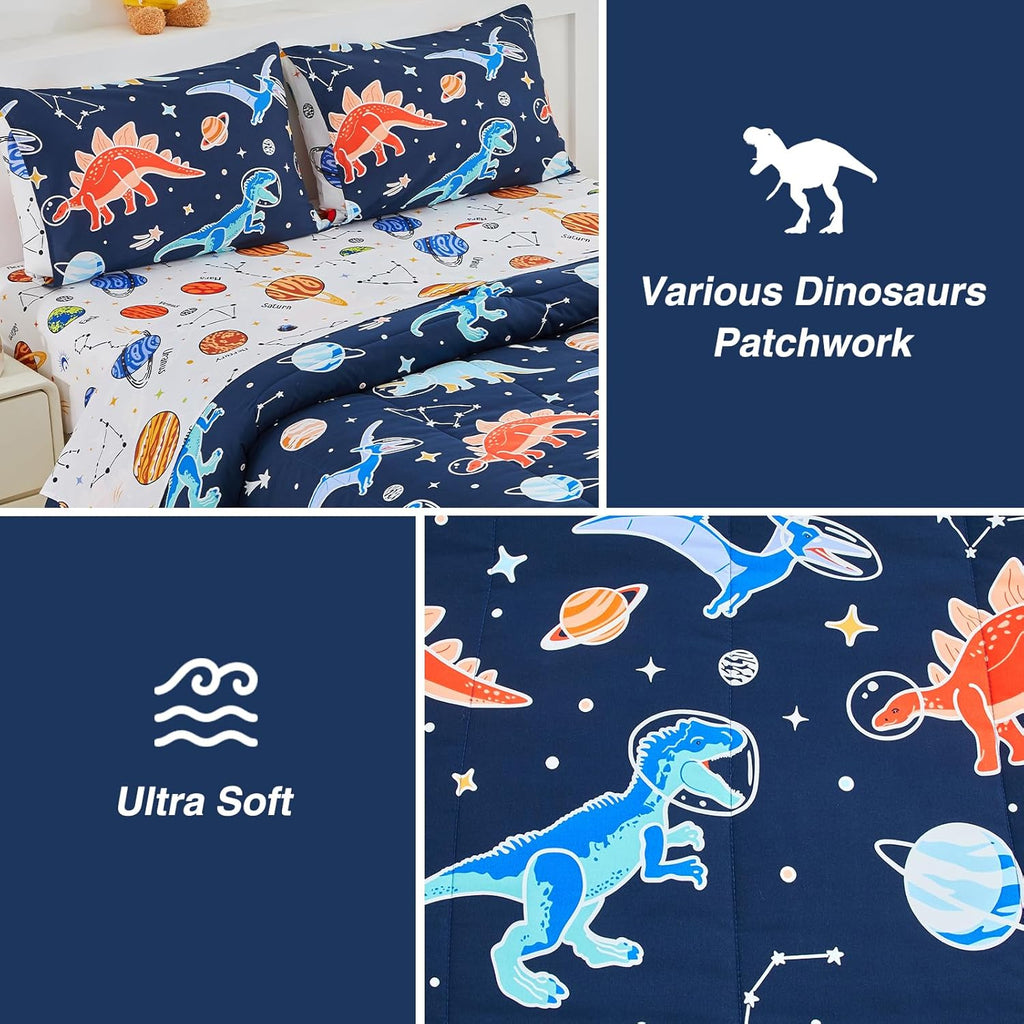 5pc Glow in The Dark Kids Comforter Set,Dinosaur Galaxy Printed, Space Bedding Set Twin for Boys Girls Teen