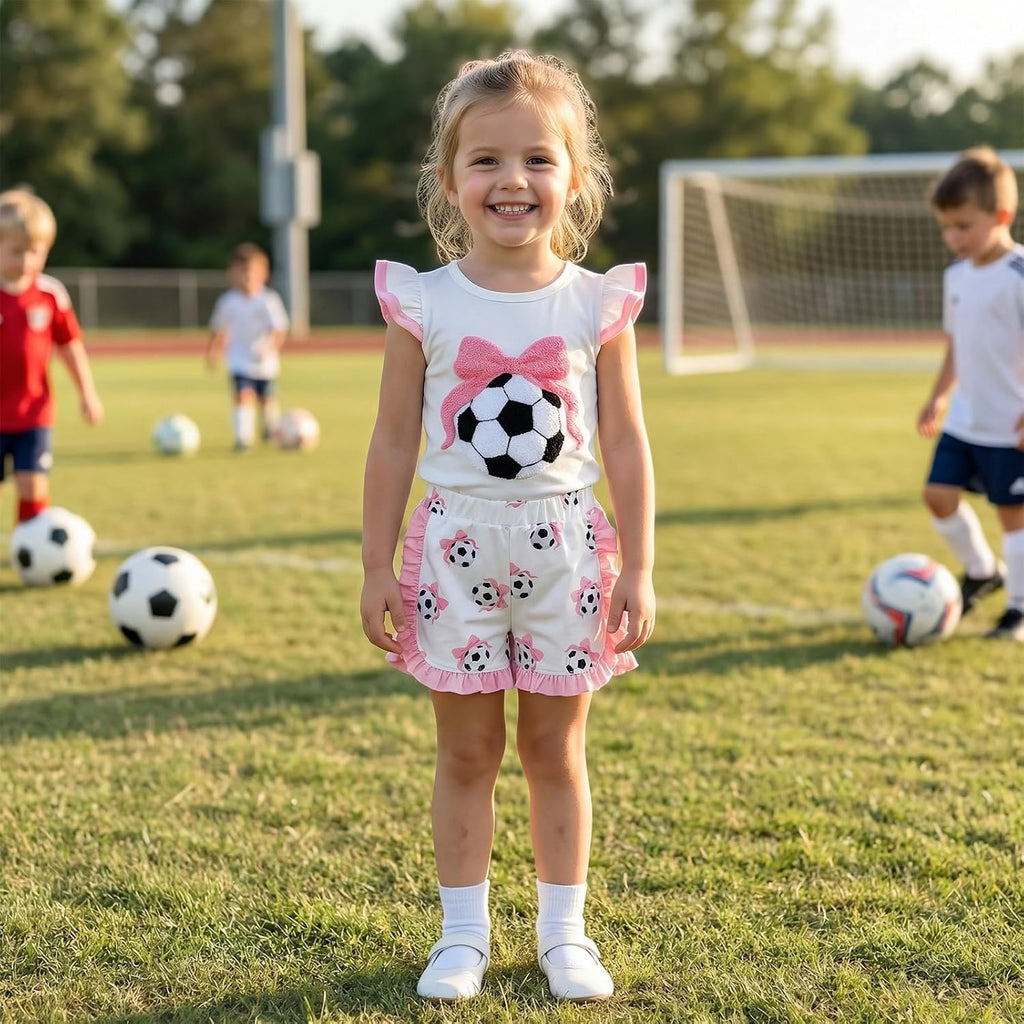 Toddler Baby Girl Soccer Summer Outfits Short Sleeve O Neck Soccer Bow Embroidered Tops Ruffle Trim Shorts Sets