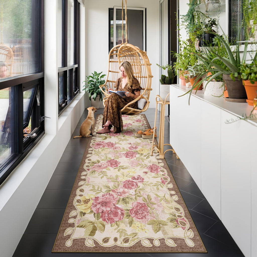Washable 2x8 Runner Rug, Cream Boho Floral Non-Slip
