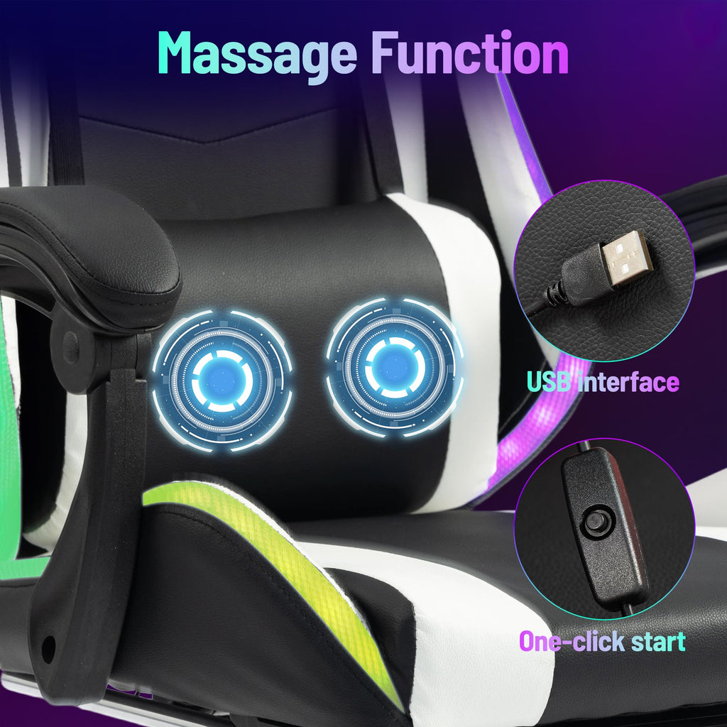 LED Lights Gaming Chair with Footrest, Black/White