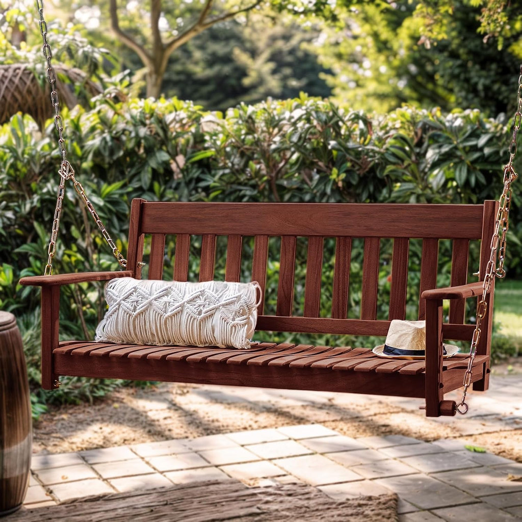 Bentley Solid Wood Mahogany Porch Swing, Natural Brown, Durable Weather-Resistant Outdoor Hanging Bench for Porch