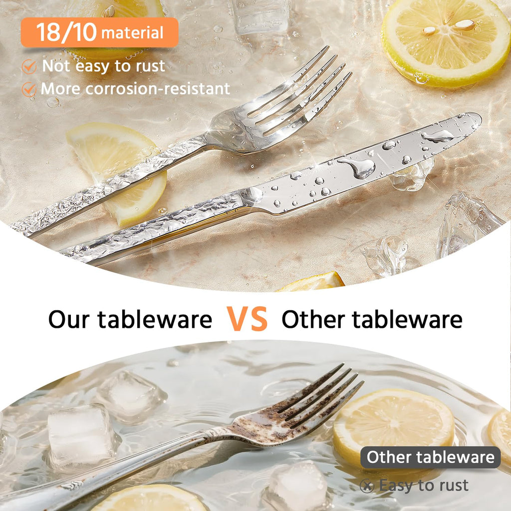 20 Pcs Hammered Silverware Set for 4, 18/10 Stainless Steel Flatware