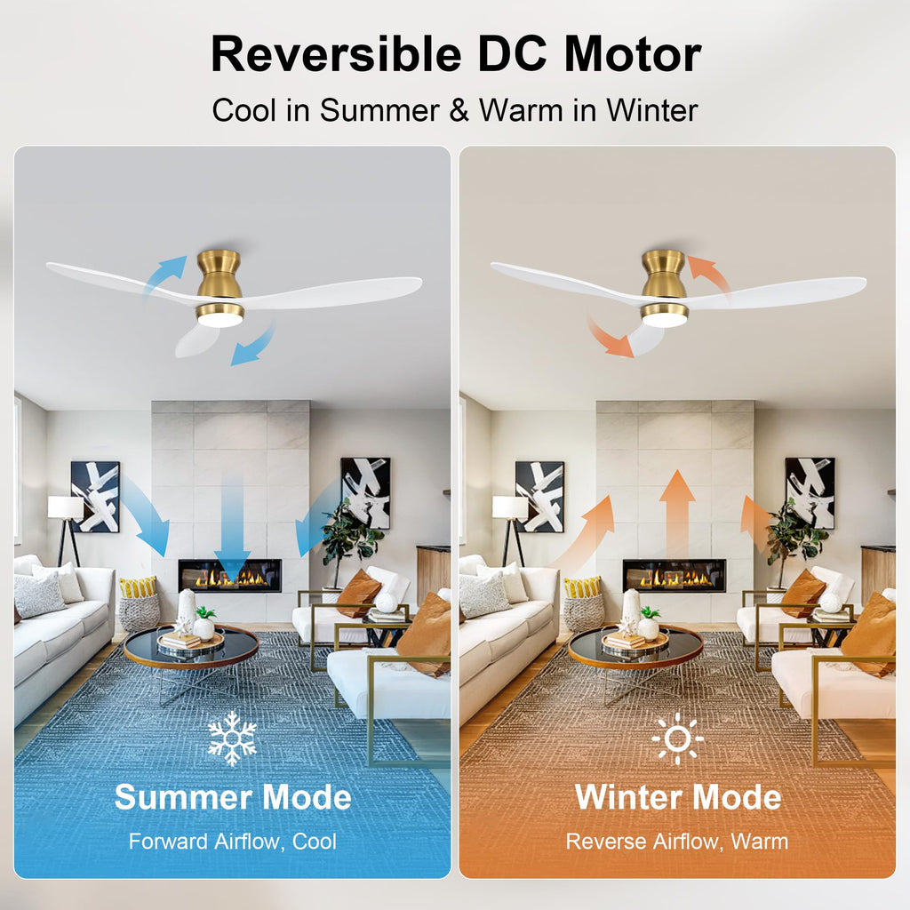 52 Inch White Ceiling Fan with Light, Solid Wood Blades, White and Gold Low Profile Ceiling Fan with Remote & APP