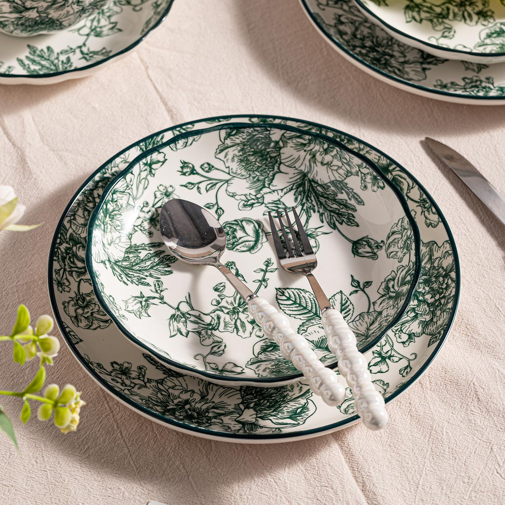 Ceramic Dinnerware Set, Series Kavara II, (Green Rose)