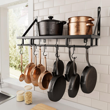 24 Inch Kitchen Pot Pan Rack Wall Mounted, 10 Hooks, Matte Black