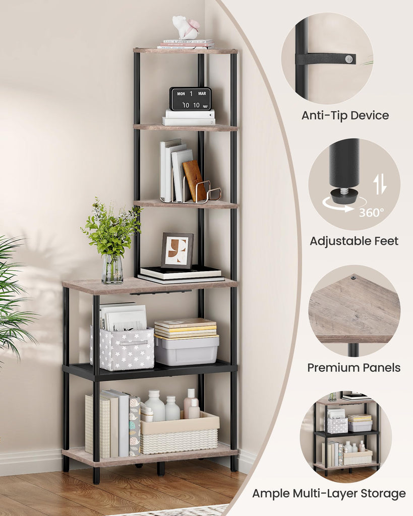 6-Tier Corner Shelf, Industrial Corner Bookshelf with Desk Top, Diamond-Shaped Storage Shelves, Display Stand for