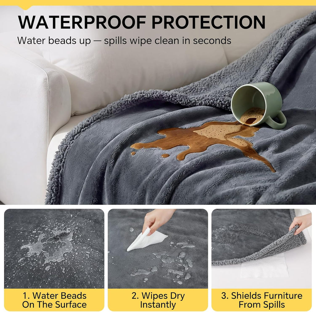Waterproof Pet Blanket, Liquid Pee Proof Dog Blanket for Sofa Bed Couch, Reversible Sherpa Fleece Furniture Protector