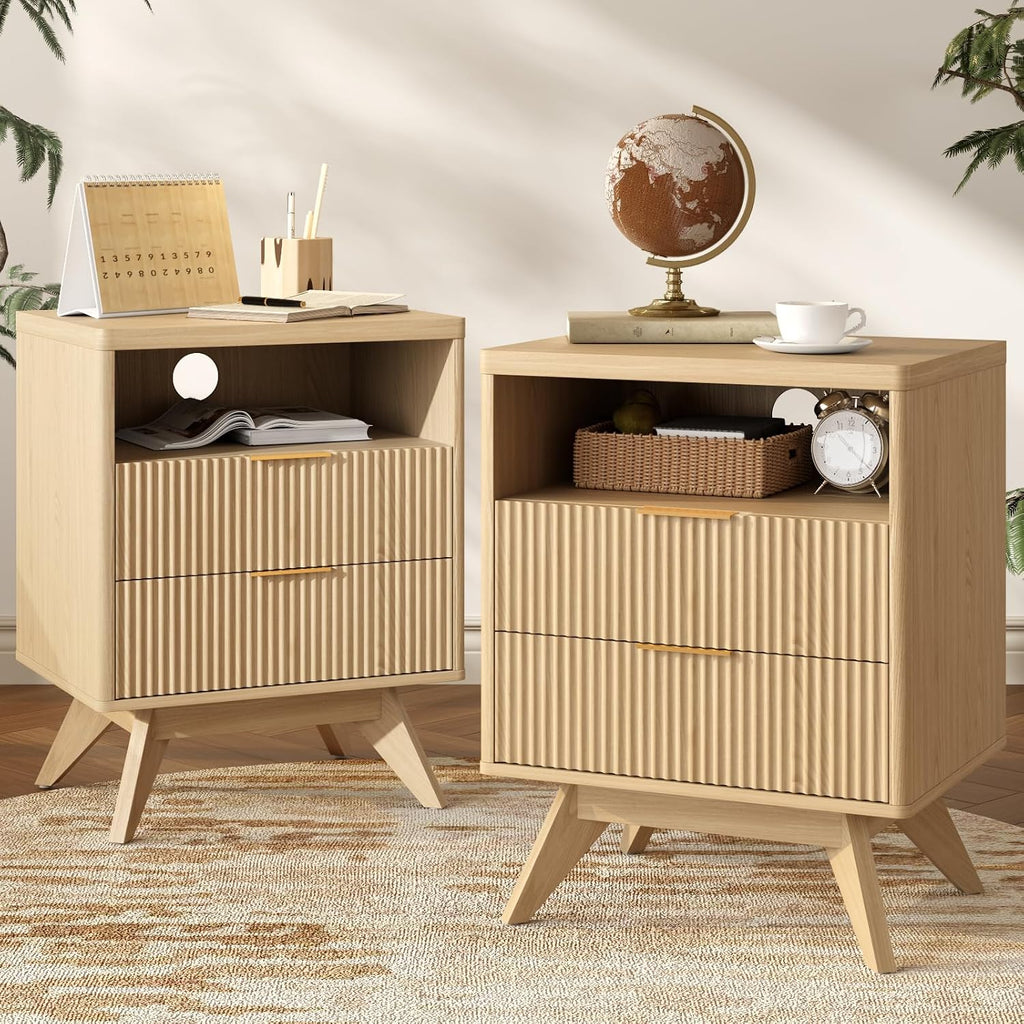 Fluted Nightstands Set of 2 with 2 Drawers, Natural Oak Bedside Table with Open Shelf, Modern End Table Set, Wood
