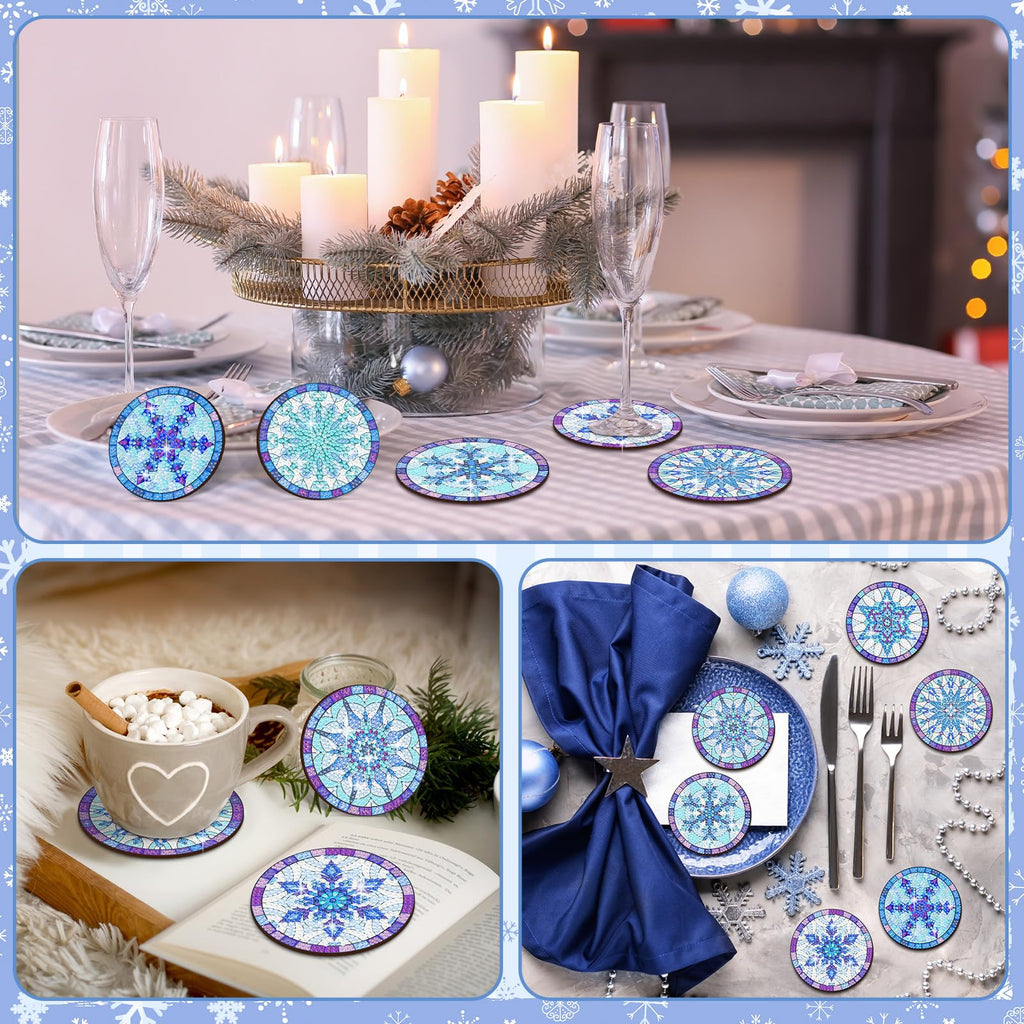 8 Pcs Snowflake Diamond Painting Coasters with Holder, Simple