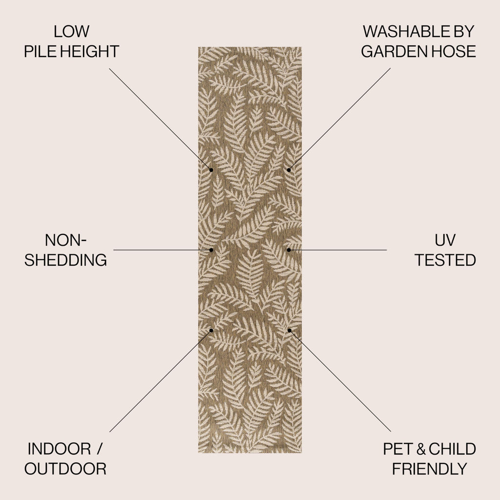 Palm Frond Indoor Outdoor Runner Rug 2X8 Brown/Beige, Nevis for Backyard, Patio, Porch, Easy-Cleaning, High Traffic