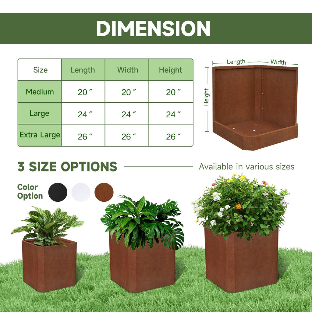 Corten Steel Planter Box 24"L x 24"W x 24"H Large Square Steel Planter Box