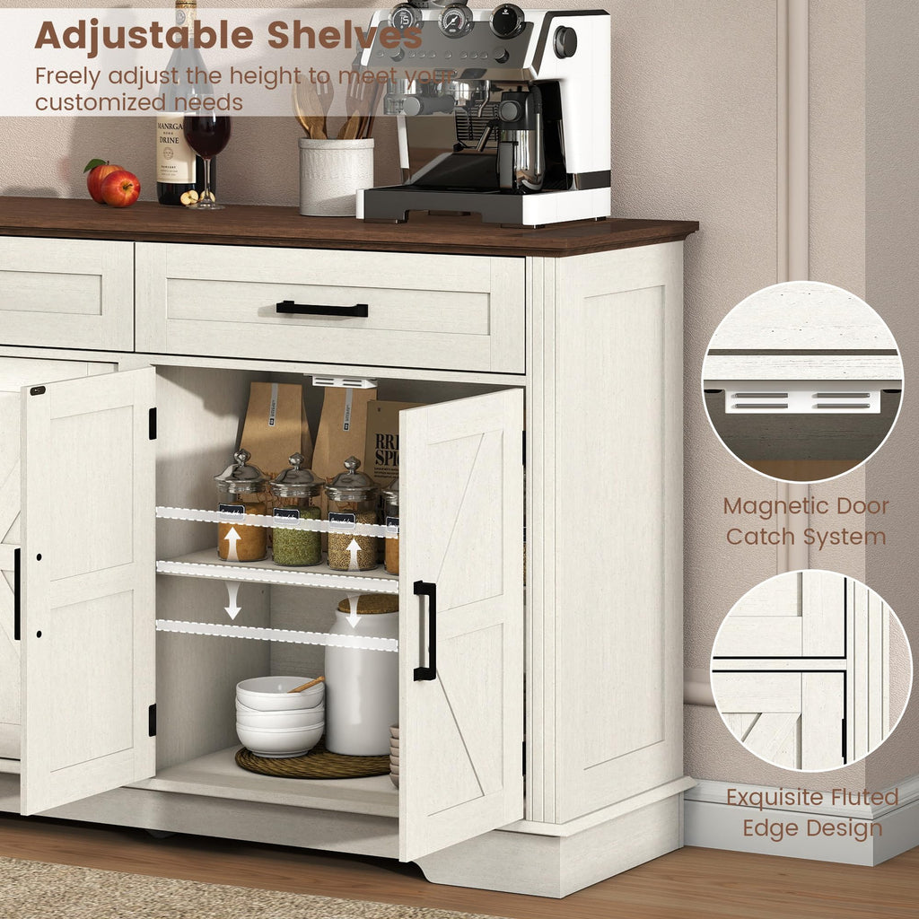 70" Farmhouse Buffet Cabinet with Storage 3 Drawers & 6 Barn Doors, White