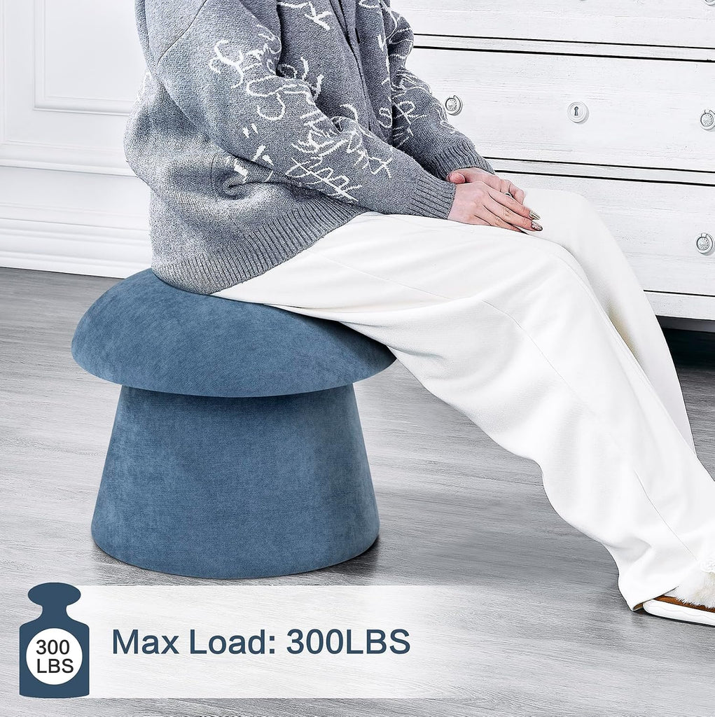 15" Blue Mushroom Ottoman with Storage | Chenille Fabric, Round Foot Rest, Modern Footstool,for Vanity, Bedroom