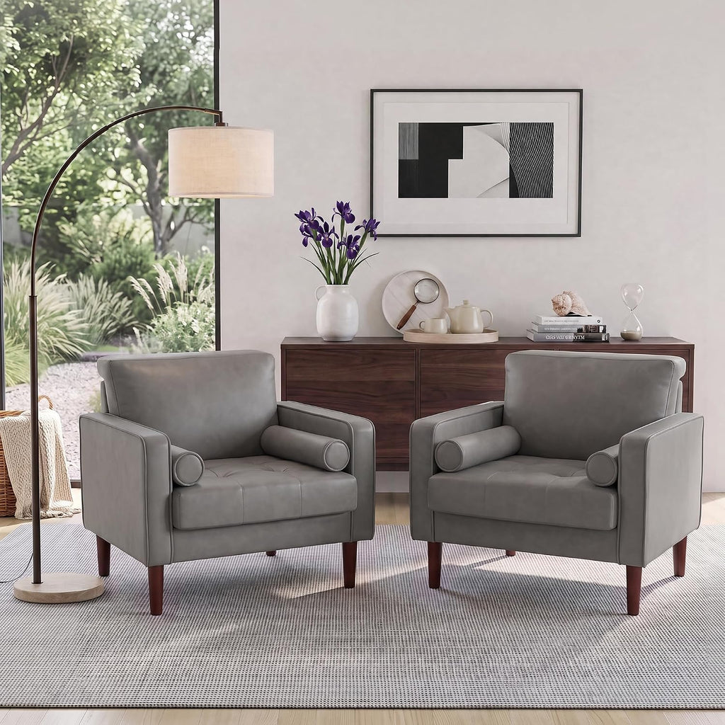 34.5" Arm Chairs, Modern Faux Leather Accent Chair, Dark Gray - Set of 2
