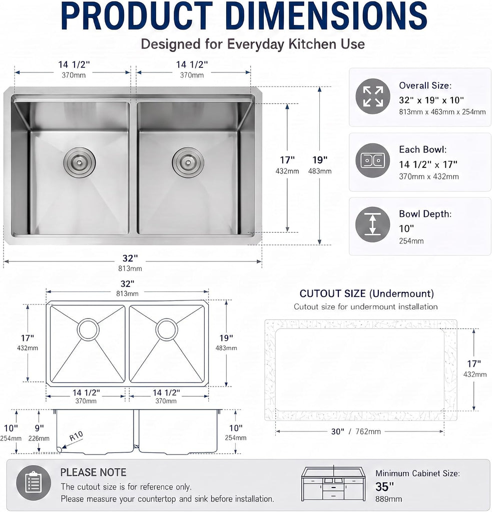 Kitchen Sink Stainless Steel, Undermount Kitchen Sink 32 Inch, 50/50 Double Bowl True 16 Gauge Stainless Steel