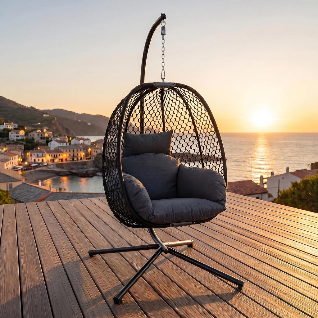 Egg Chair Outdoor with Stand, 400lbs Wicker Hanging Egg Swing Chair, Porch Swing Rocking Chair with Thick Cushion