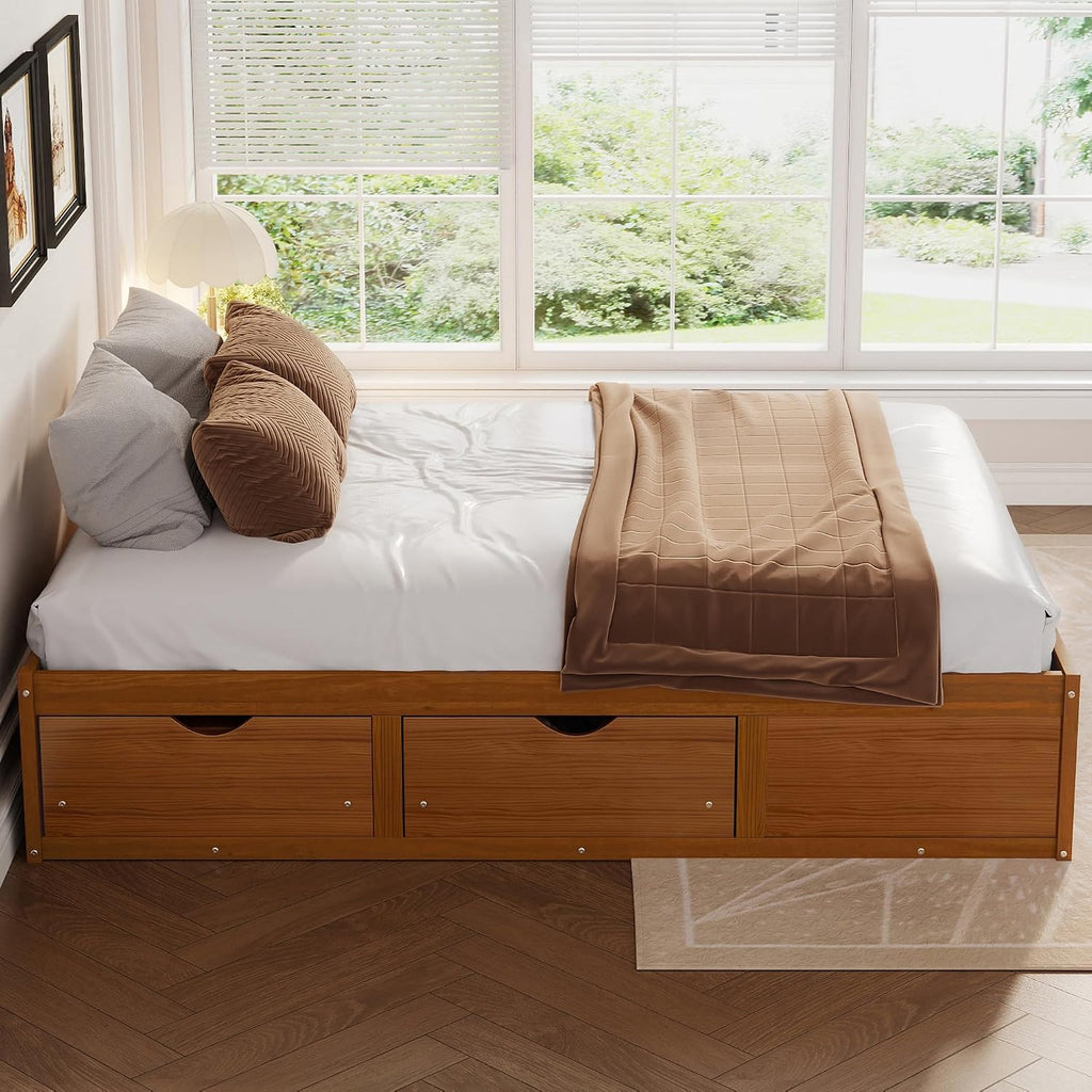 Japanese Wooden Bed Frame Queen with 6 Storage Drawers (Walnut, Queen)