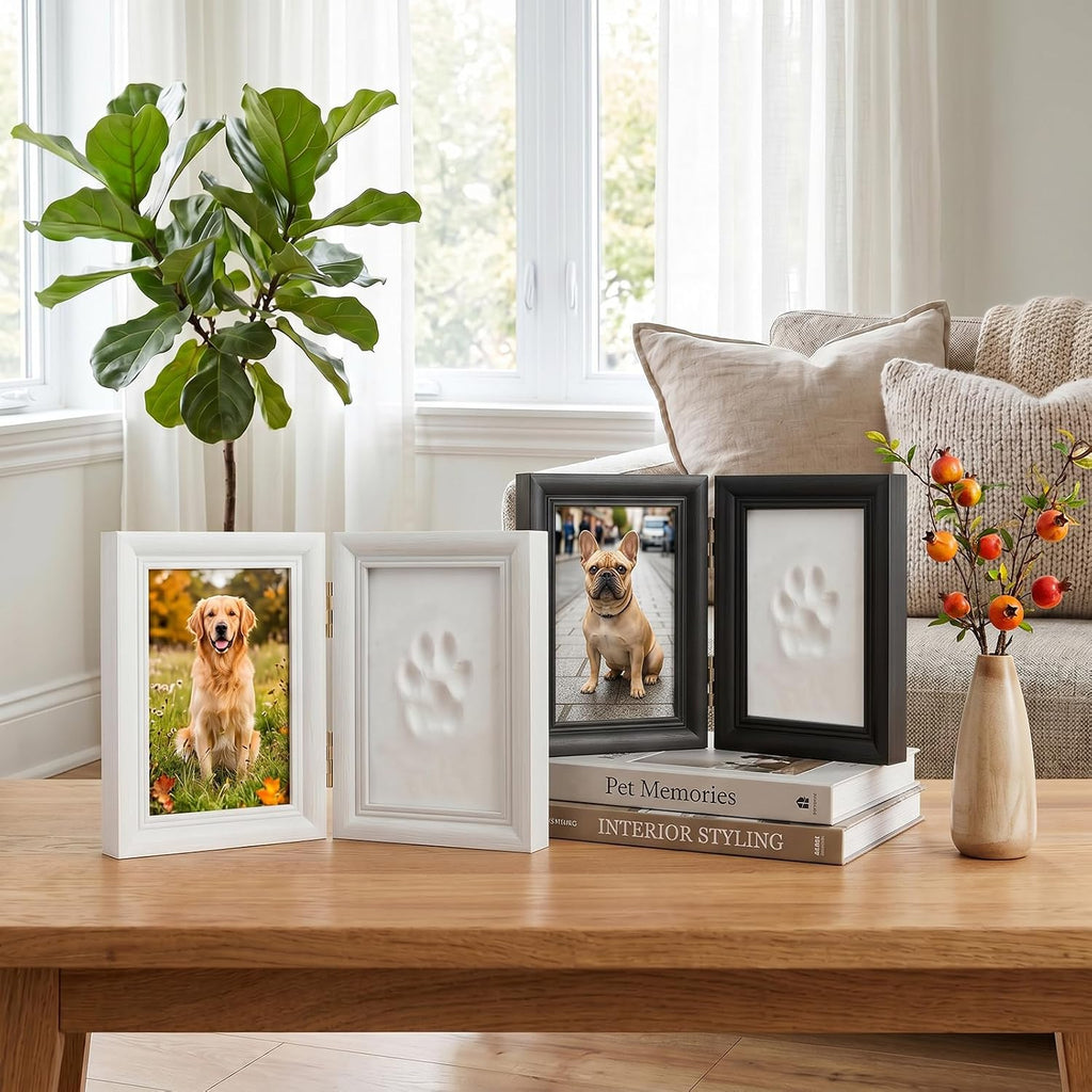 Pet Paw Print Photo Frame with No-Mess Clay - Wooden Shadow Box Keepsake for Dogs and Cats, DIY Memorial Picture